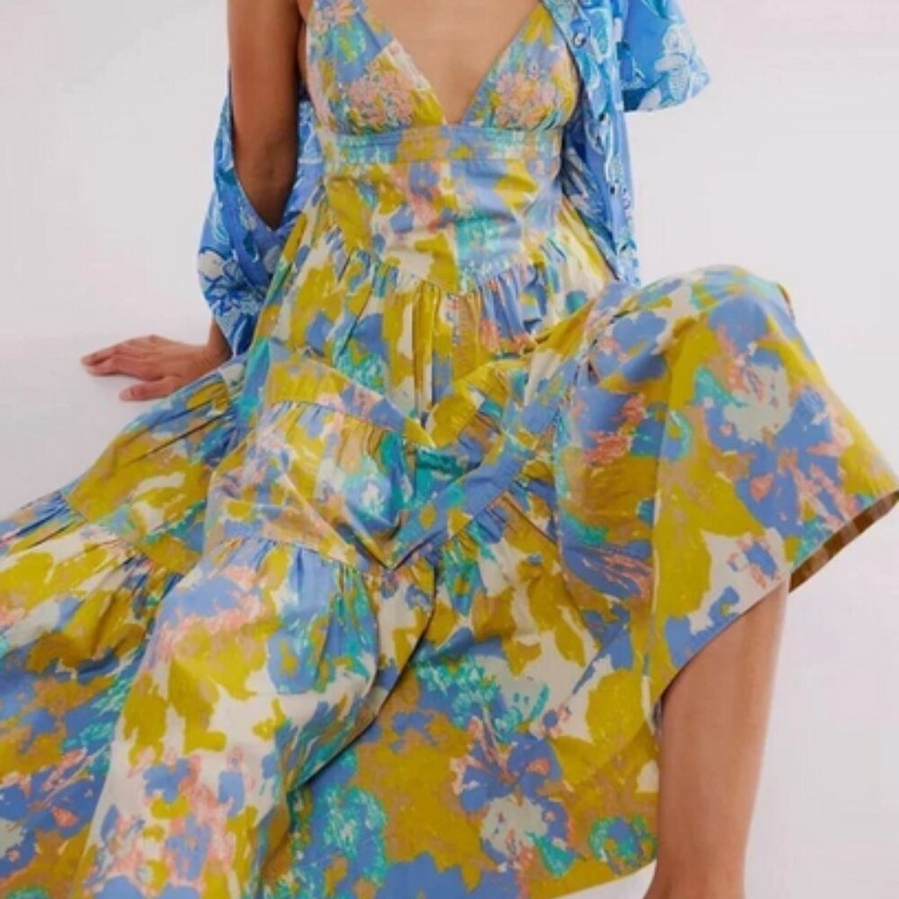 Free People Long Love Midi Dress Printed V Neck Straps Tiered New S
